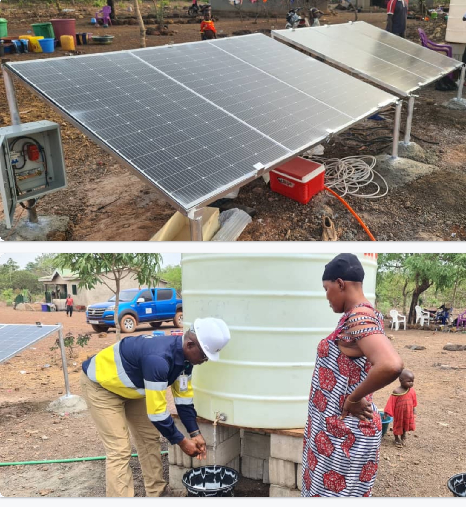 Solar panels powering water storage and distribution in a rural area.